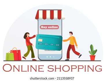 Happy tiny woman and man paying online with credit card on mobile app, shopping concept, flat vector illustration