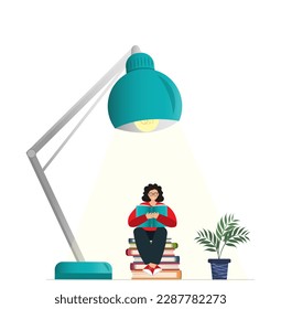 Happy tiny woman reading book under the lamp, hobbies concept, education concept, flat vector illustration