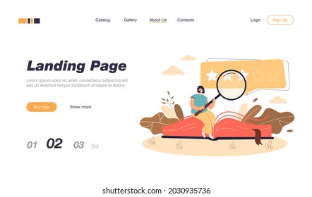 Happy tiny woman reading good book and giving feedback flat vector illustration. Cartoon character doing research on book quality. Literature analysis and satisfaction concept