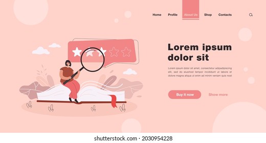 Happy tiny woman reading good book and giving feedback flat vector illustration. Cartoon character doing research on book quality. Literature analysis and satisfaction concept