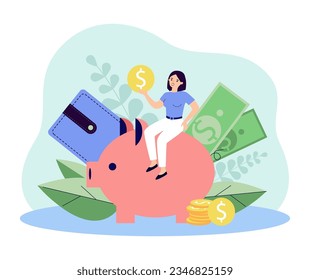 Happy tiny woman sitting on piggybank vector illustration. Girl managing personal finances, holding gold coin, huge piggy bank, wallet, banknotes. Finances, budget planning, economy, savings concept