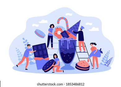 Happy tiny women and men among huge chocolate dessert dishes flat vector illustration. Cartoon characters eating sweet food. Bakery factory and pastry concept