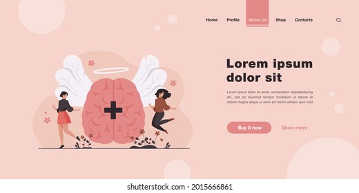 Happy tiny women with positive thoughts and philosophy of life isolated flat vector illustration. Abstract creative strategy and mind power to health improvement. Brain and dream control concept