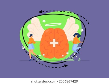 Happy tiny women with positive thoughts and philosophy of life isolated flat vector illustration. Abstract creative strategy and mind power to health improvement. Brain and dream control concept