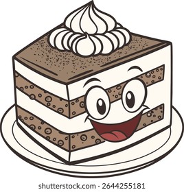 Happy tiramisu cake cartoon illustration.