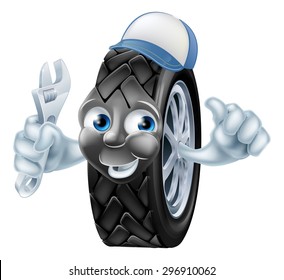 Happy tire mechanic cartoon character holding an adjustable wrench or spanner and giving thumbs up