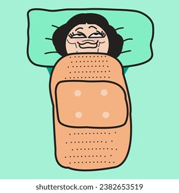 Happy Tired Girl Healing Herself With A Little Sleep Under A Band-Aid Blanket Concept Card Character illustration