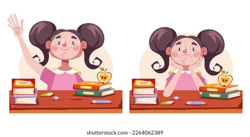 Happy and tired school children characters concept. Graphic design vector illustration