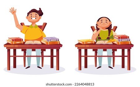 Happy and tired school children sitting in classroom concept. Vector graphic design illustration element