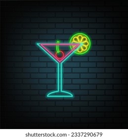 Happy toast. Neon cocktail. fashion sign. Night light signboard, glowing banner. Summer emblem. Club Bar logo on dark background. Alcoholic drink with an umbrella in a glass..