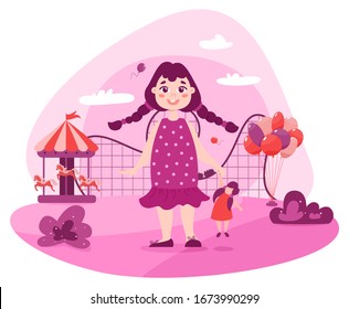 Happy toddler in amusement park. Baby girl in pink dress standing nearby attractions such as carousel with horses, ferris wheel, roller coaster. Flat illustration