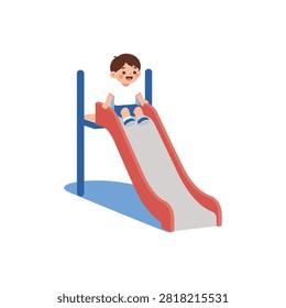 Happy toddler boy sliding down on a playground slide vector illustration featuring a cheerful young child playing outdoors in a flat design style isolated on white background for kids education projects