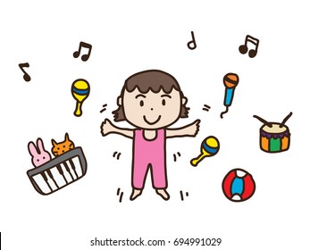 happy toddler girl dancing and surrounded by musical instruments and notes