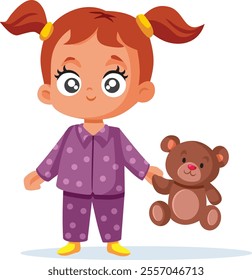 
Happy Toddler Girl Holding a Teddy Bear Vector Cartoon. Cute kid having a friend exercising empathy and comfort in early years 
