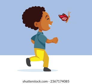 
Feliz niño corriendo tras una ilustración de la caricatura del vector mariposa. Niño gracioso persiguiendo a un insecto divirtiéndose al aire libre 
