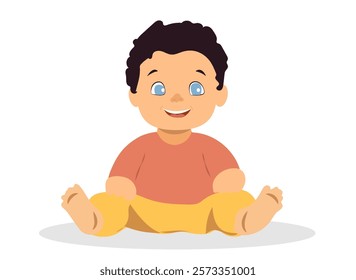 Happy toddler sitting on a soft surface and enjoying playful moments in a bright and cheerful atmosphere