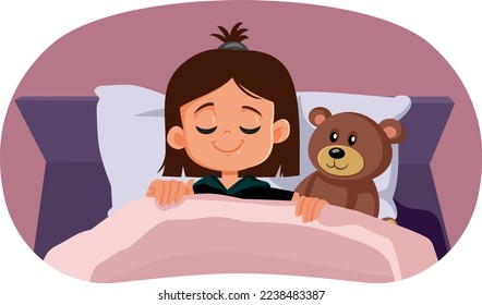 
Happy Toddler Sleeping Independently Next to Her Favorite Toy. Carefree girl resting and relaxing in the comfort of her own home
