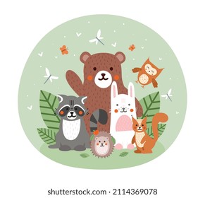 Happy together animals. Raccoon, bear, hare, owl and hedgehog. Forest dwellers waving their hands, friendly and cute characters for children. Badge for school bags. Cartoon flat vector illustration