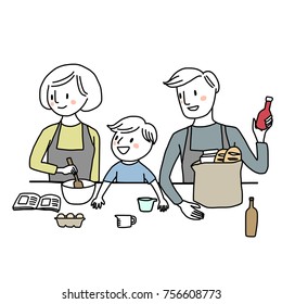 Happy together concept with cute mom looking at cooking book and stirring food in mixing bowl while her little boy and husband excited to help. Grocery bag with bread , egg and milk carton included.
