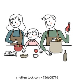 Happy together concept with cute mom looking at cooking book and stirring food in mixing bowl while her little girl and husband excited to help. Grocery bag with bread , egg and milk carton included.