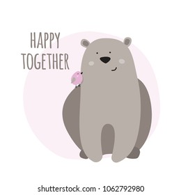 Happy together cute vector card with cartoon bear and little bird.