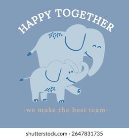 Feliz elefante em conjunto, bonitinho elefante feliz sorriso desenho animado ilustração. Gráficos de camiseta para bebês do sexo masculino. Melhor equipe de elefante no fundo azul. Rosto feliz 