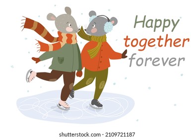 Happy together forever concept background. Cute couple of mice in warm clothes hold hands and skate on rink. Loving animals spend time in winter activities. Vector illustration in flat cartoon design