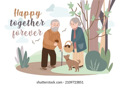 Happy together forever concept background. Elderly couple with dog collects mushrooms in forest. Loving old man and woman spending time together outdoors. Vector illustration in flat cartoon design