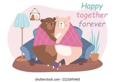 Felices juntos para siempre. Un par de osos cortos abrazándose bajo una manta cálida y sentados en el sofá. Los animales amorosos tienen sentimientos románticos. Ilustración vectorial en diseño de dibujos animados planos