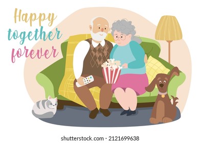 Happy together forever concept background. Elderly couple sitting at sofa and watching movie with dog and cat. Loving old man and woman pastime together. Vector illustration in flat cartoon design