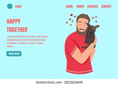 Happy together landing page vector template. Happy pet owners. A young man hugs a dog. Flat vector illustration