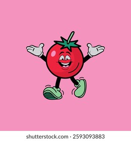 Happy Tomato Cartoon Character Flat Vector on Pink Background - Cute Food Illustration for Kids Design, Stickers and Packaging