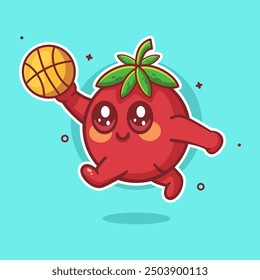happy tomato character mascot playing basketball isolated cartoon