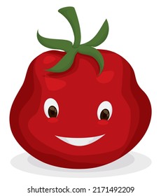 Happy tomato character with smile in cartoon style over white background.