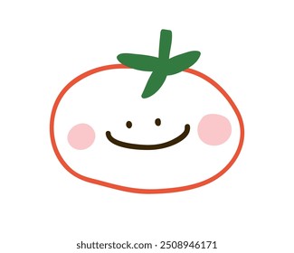 Fröhliche Tomate, Essenscharakter lächelnd, einfacher Doodle-Stil. Nettes lustiges Gemüse mit Gesicht, verspieltes Design-Element. Kinderähnliche Zeichnung. Kinderflache Vektorgrafik einzeln auf weißem Hintergrund