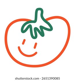 Happy tomato, food character smiling, simple doodle style. Cute funny vegetable with face, playful design element. Childlike drawing. Childish flat vector illustration isolated on white background