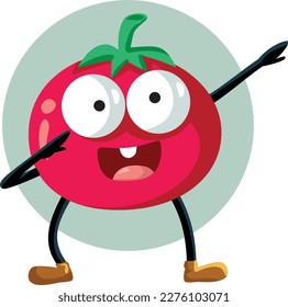 
Happy Tomato Funny Vector Character Dabbing and Dancing. Cheerful veggie mascot dancing and having fun while being nutritious and delicious
