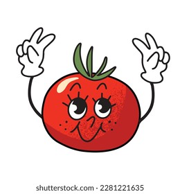 Happy tomato showing peace signs, hand drawn in old fashioned cartoon style with black contour. Isolated vector illustration