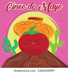 Happy tomato with traditional hat Cinco de mayo poster Vector