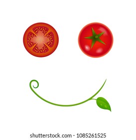  happy tomatoes idea, funny tomato, vegetable healthy food concept, fresh face, green smile icon, vector.