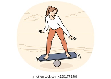 Happy toned woman balancing on wooden board on mat on beach. Sport and workout. Vector illustration. 