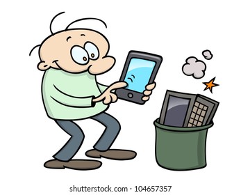 A happy toon character is using his new tablet, the old laptop is thrown away into the trash bin.