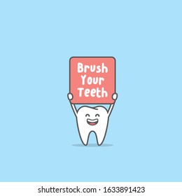 Happy Tooth boy smiling and holding the brush your teeth sign illustration cartoon character vector design on blue background. Dental concept.