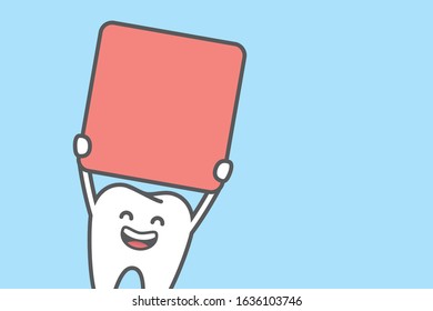 Happy Tooth boy smiling and holding a blank sign illustration cartoon character vector design on blue background. Dental concept.