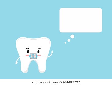 Happy tooth in braces icon with rectangular speech bubble isolated on blue background. Flat cute design kawaii dental emoticon in bracket. Vector cartoon style teeth character.