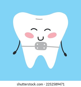 Happy tooth with braces in kawaii style. Vector illustration. Cartoon style. Tooth character.