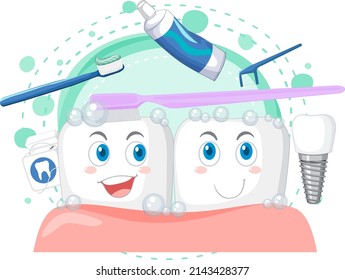 Happy tooth brushing itself with dental cleaning equipment illustration