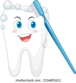 Happy tooth brushing itself with dental cleaning equipment illustration