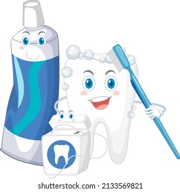 Happy tooth brushing itself with a toothpaste and dental floss illustration