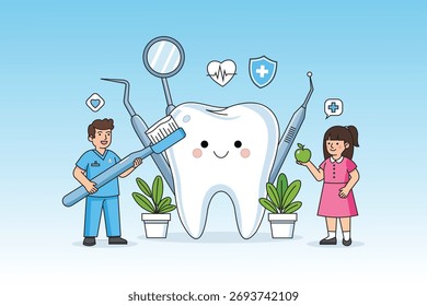 Ilustración vectorial feliz del cuidado del diente con el dentista y la muchacha que sostienen Apple